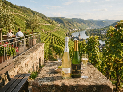 Schaumwein auf Steintisch